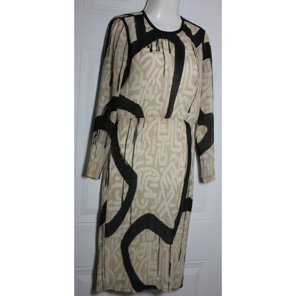 Max Mara Vintage Accordion Midi Dress Abstract‎ Print Chic Luxury Neutral Size 2